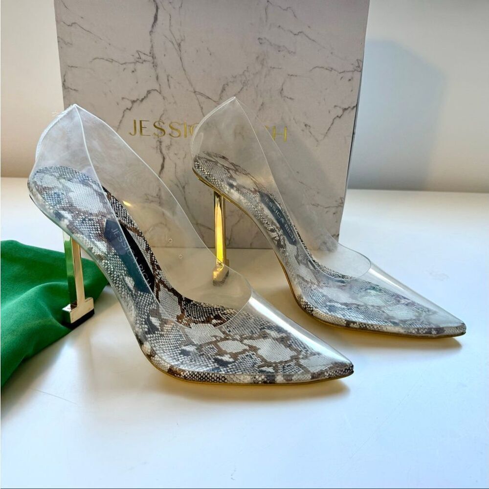 New! Jessica Rich "So Fancy" Snake Print Clear PVC Heels. Size 38 (USA 8)0